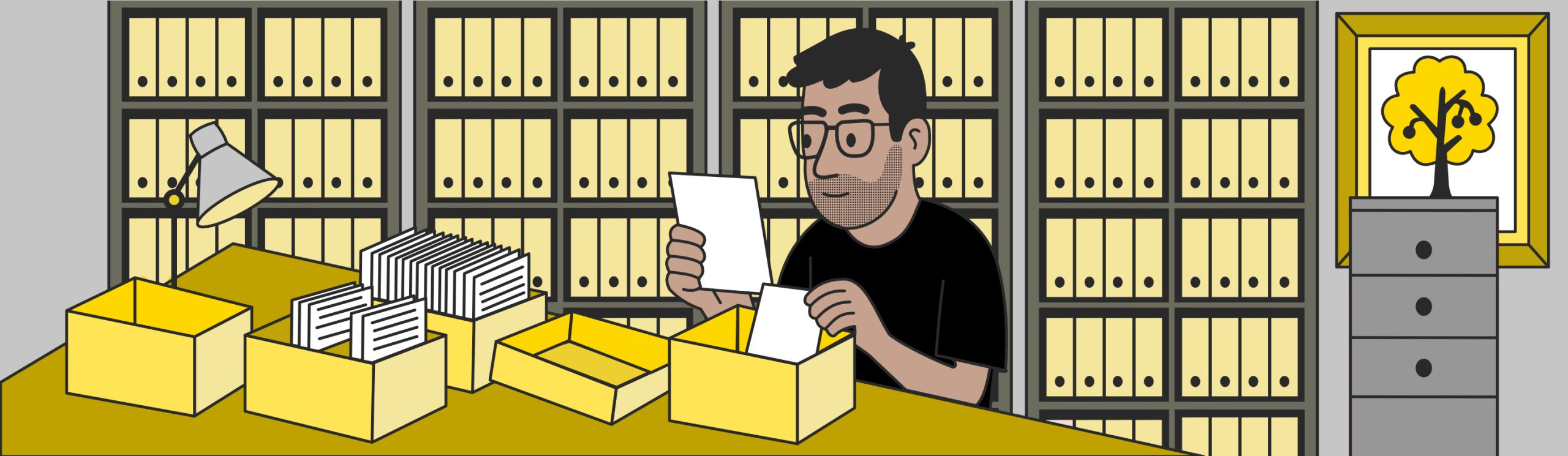 Illustration of Santiago Orrego visiting the archives